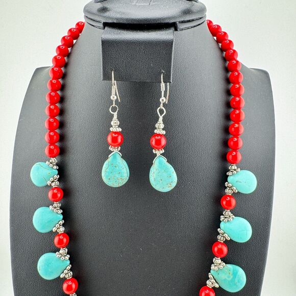 Turquoise & Red Coral Beaded Necklace Set Teardrop Toggle Earrings Southwestern - Picture 9 of 16